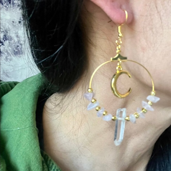 Crescent Moon Rose Quartz + Clear Quartz Earrings - Picture 2 of 3